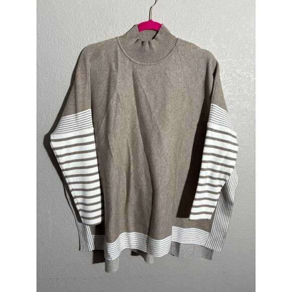 Zenana Sweater Womens Medium Beige & White Striped Knit Top With Ribbed Mock Nec - Picture 1 of 10